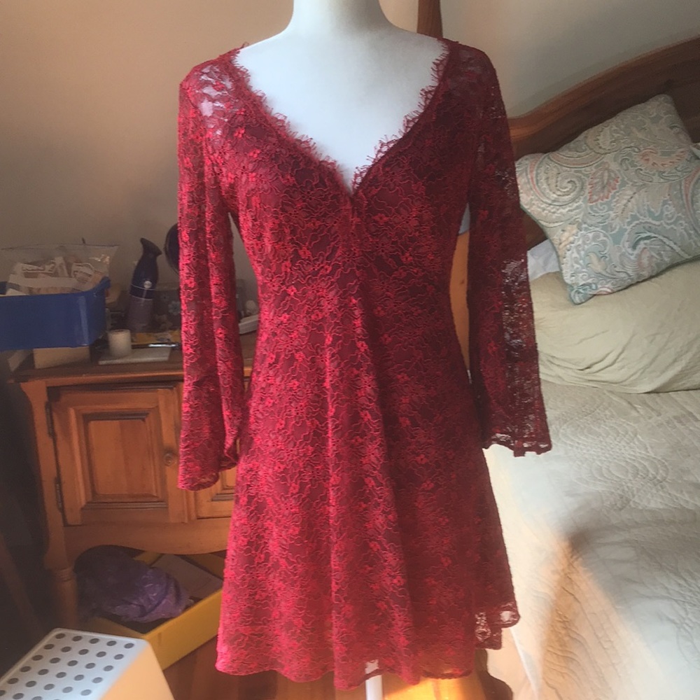 Nanette Lepore Red  V-neck Fit and Flare Lace Dress Size 4